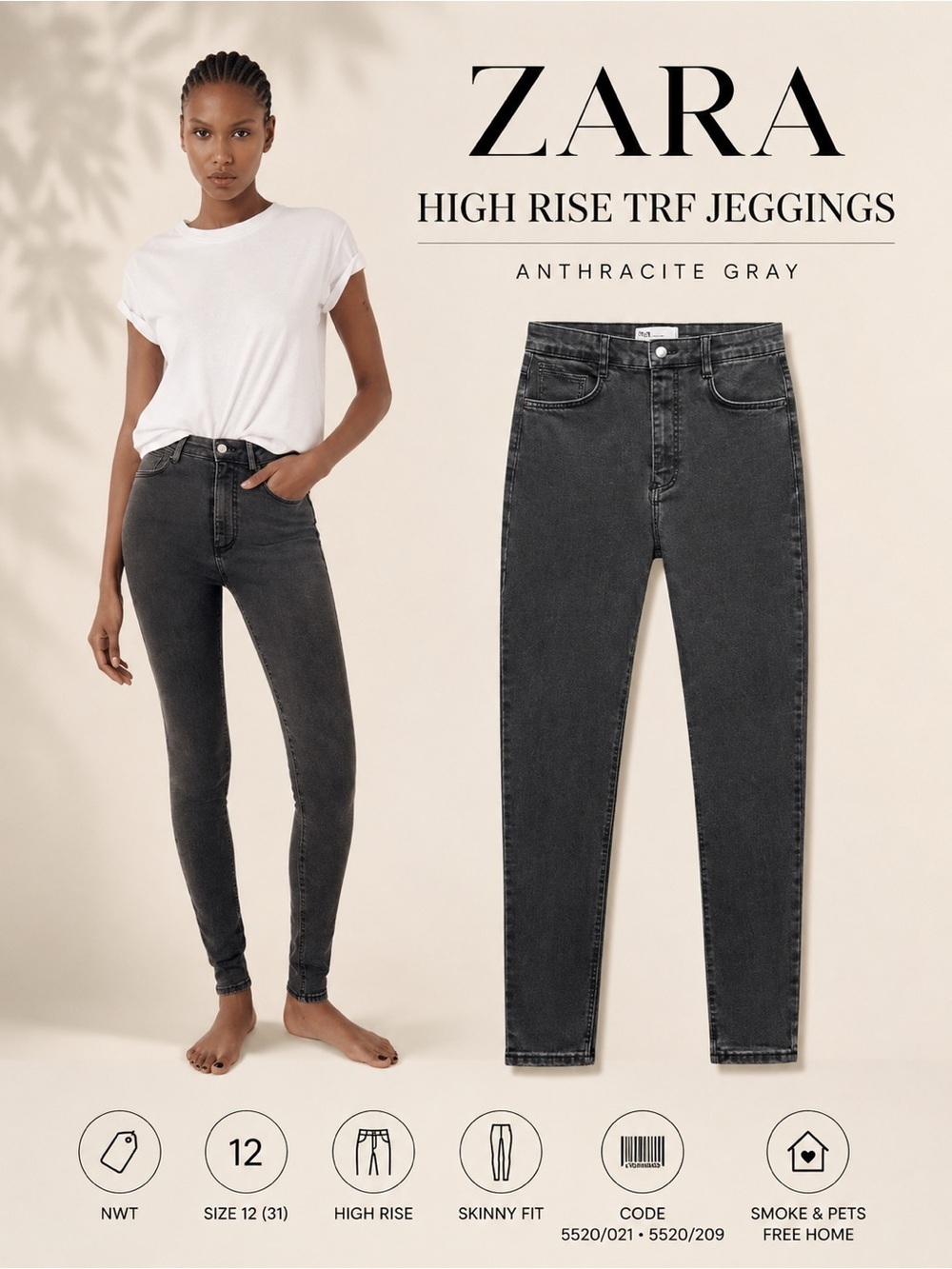 Zara Anthracite Gray High Rise TRF Jeggings Size 12 NWT Skinny Stretch Jeans